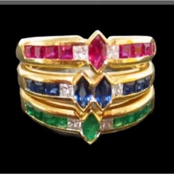 18K GOLD DIAMOND CLUSTER RING EMERALDS, BLUE SAPPHIRES RUBIES MULTI-GEMSTONE - Picture 2 of 10